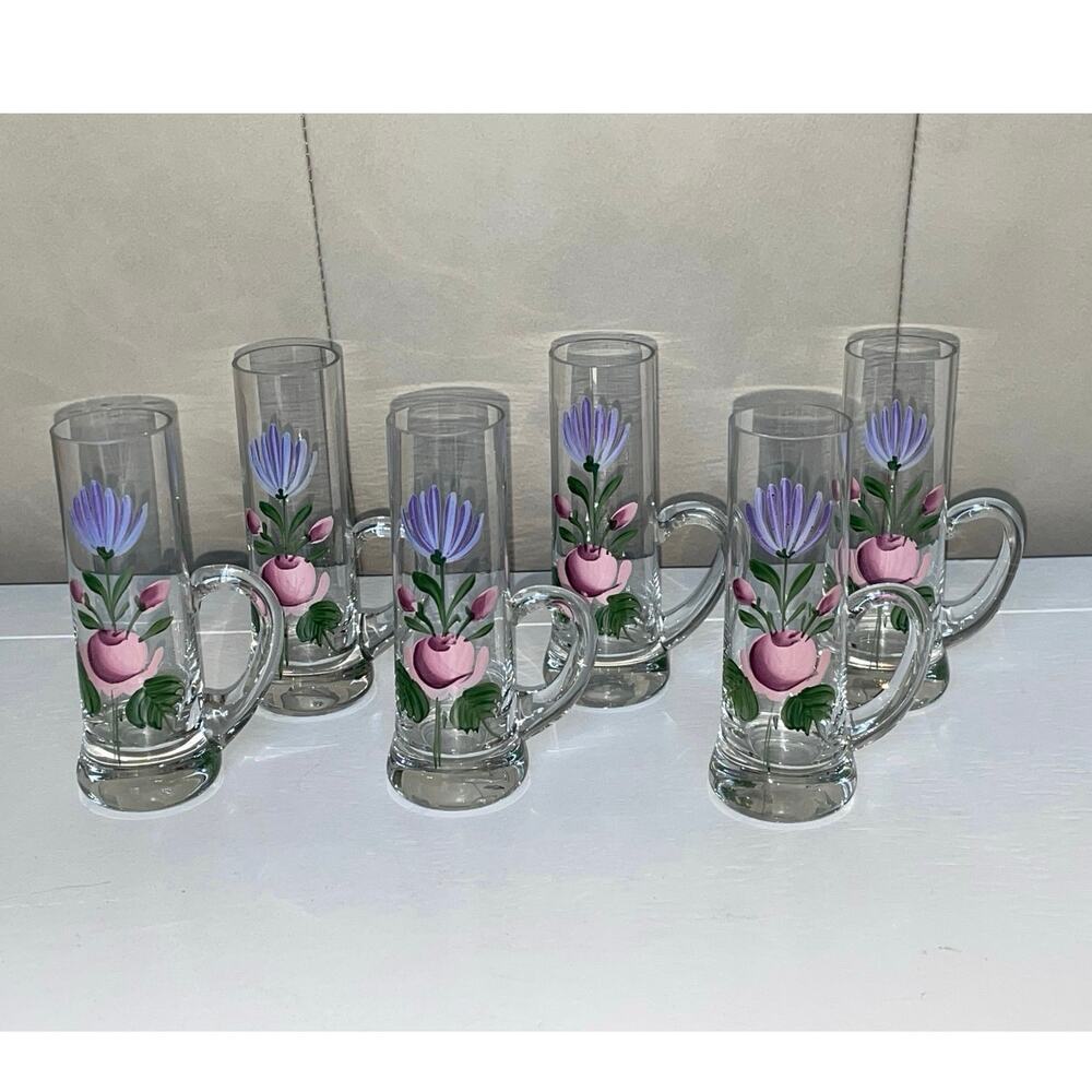 Vintage Hand-Painted Floral Design Cordial Shot Glasses (Set of 6) with Handles